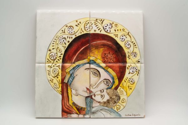 Four hand painted tiles representing Byzantine icon, the Virgin Mary,