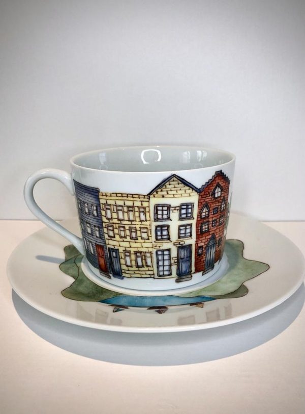 Bright town, hand painted porcelain cup and saucer